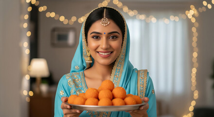 Smiling Indian Woman Holding Traditional Festival Sweets