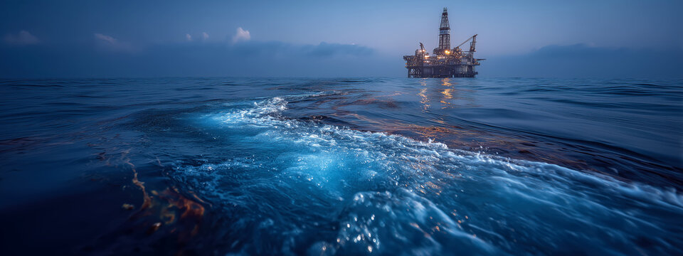 Tranquil View of an Offshore Oil Rig Illuminated by the Soft Glow of Dawn with Gentle Waves Rippling in the Foreground and Serene Ocean Background