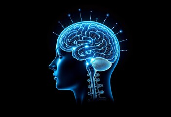 Obraz premium Futuristic Representation of Human Brain with Digital Neural Connections in a Glistening Blue Hue Against a Dark Background