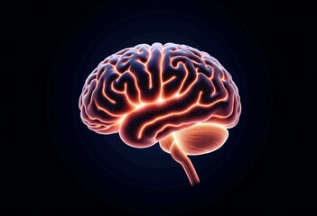 Illuminated Neural Network: Anatomical Illustration of a Brain with Glowing Neural Pathways and Complex Structures Against a Dark Background