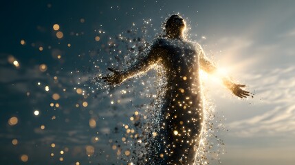 Obraz premium Human silhouette dissolving into sparkles with glowing light in sky, perfect for spiritual art, transformation themes