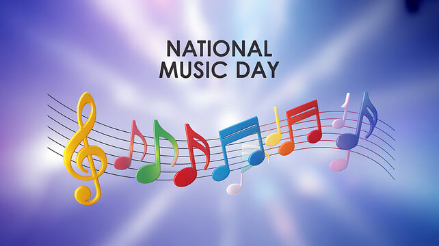 National Music Day celebration with colorful musical notes and a treble clef on a radiant background