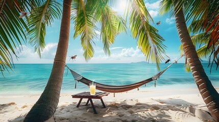 Relaxing Beach Hammock Between Palm Trees Over Turquoise Ocean Paradise On A Sunny Tropical Day