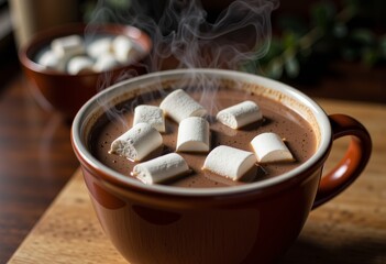 Steaming Hot Chocolate in a Large Mug Adorned with Soft, Fluffy Marshmallows Against a Wooden Background and Aesthetic Coffee Shop Setting