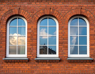 Three arched windows reflect a cloudy sky and buildings in a red brick wall