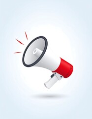 A red and white megaphone angled left, emitting sound waves, on a light blue background