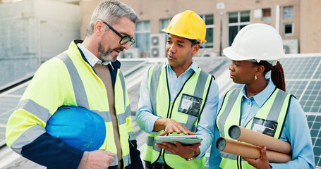 Engineering, people and tablet with plan for solar panel inspection, maintenance and clean energy...