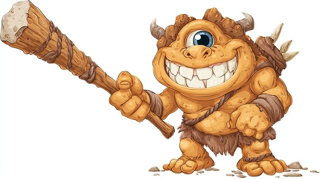 Cheerful, one-eyed cyclops monster smiling, holding a club with rocks at base
