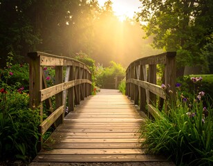 Sunlit wooden footbridge in a misty garden, flowers on either side