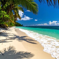 Tranquil beach scene, white sand, palm trees, turquoise water, gentle waves
