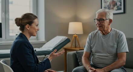 Obraz premium Therapist discusses wellness strategies with elderly patient clinic video interview bright room professional setting