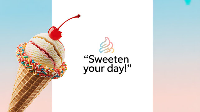 An ice cream cone with sprinkles and a cherry on top, accompanied by the phrase 'Sweeten your day!'