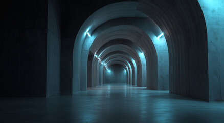 Obraz premium Abstract Concrete Archway Corridor with Blue Light
