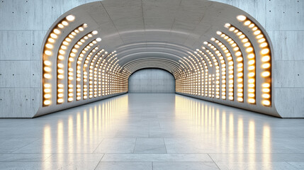 Futuristic subway station with glowing lights and smooth concrete walls creates vibrant