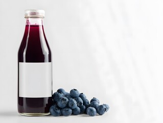 Obraz premium Blueberry juice in clear bottle with minimal label, white background and top space open