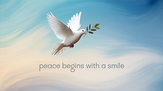 White dove carrying olive branch in flight against a serene sky background with inspirational text