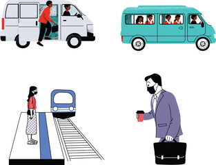 Vector art of illustrations of people using public transportation, including a bus, train, and subway
