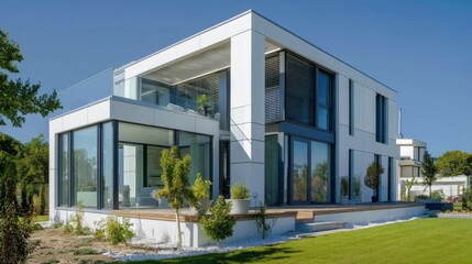 A minimalist spring backdrop with blooming yellow daffodils and decorated Easter eggs,