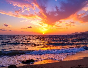 Vibrant sunset over calm ocean waves meeting sandy shore