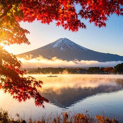 Sunrise over a snow-capped mountain, framed by autumn leaves, reflected in a calm lake