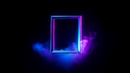 Abstract glowing portal frame with vibrant neon blue and pink light effects on black background