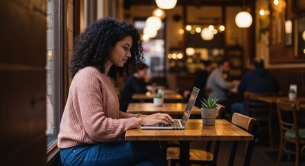 Enhancing productivity woman working on laptop in cozy urban embracing natural light and inviting atmosphere