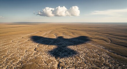 Shadow of a bird over cracked dry ground with a cloud in the sky. Concept of Holy Spirit and divine creation.