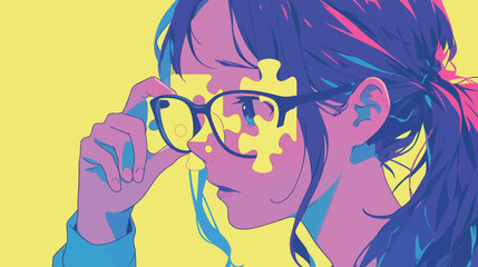 A young woman is adjusting her glasses while deep in thought. Her face features a colorful puzzle piece design and the background is bright and vibrant.