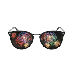 Sunglasses reflecting colorful fireworks isolated on transparent background for festive event