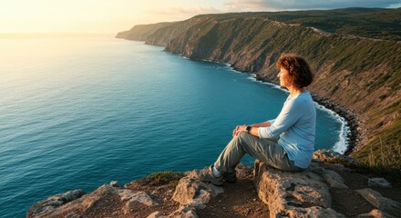 Naklejka premium Contemplative solo woman sitting on cliff overlooking serene ocean at sunset nature landscape peaceful environment