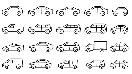 A grid of 20 black and white car outline icons, featuring various vehicle styles such as sedans, SUVs, trucks, vans, and convertibles, drawn in a clean and minimal line art style. © Lexi