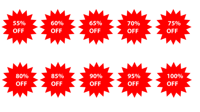 Massive sale banners advertising discounts from 55% to 100% off