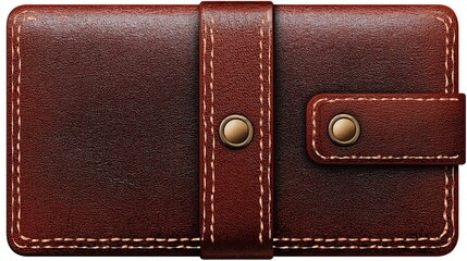Dark brown leather wallet with a central band, two brass buttons, and a smaller flap closure; detailed stitching throughout