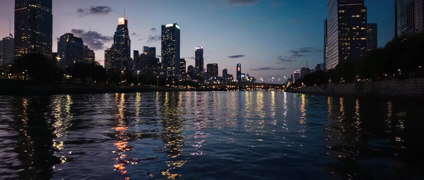 Cinematic Ultrawide Aerial of Modern City Skyline Reflecting on River - 4K Blue Hour Business District
