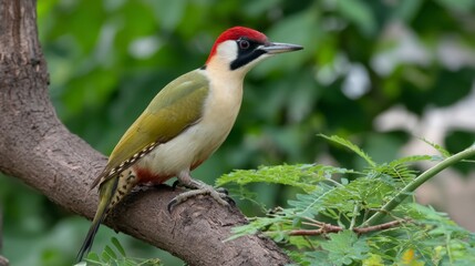 Vibrant green woodpecker perched on tree branch amid dense forest foliage detailed closeup natural textures bright colors tranquil scene