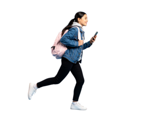 Side Profile of Trendy Teen Girl Walking with Phone and Backpack, Urban Street Style, isolated on transparent background PNG