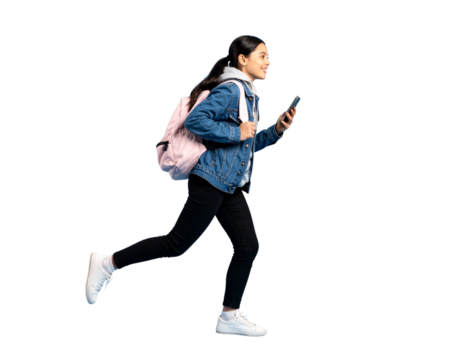 Side Profile of Trendy Teen Girl Walking with Phone and Backpack, Urban Street Style, isolated on transparent background PNG