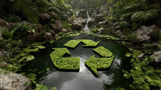 Eco-Friendly Oasis: Lush green environment with a natural pond reflecting the recycle logo amidst a tropical paradise. Evoking a sense of harmony between the environment and eco-conscious practices.