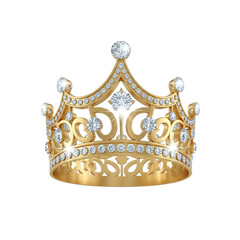Golden crown with diamonds isolated on transparent background, symbol of royalty and power