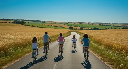 Obraz premium Family biking adventure through scenic fields countryside daytime natural beauty