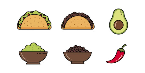 Taco avocado beans and chili icons