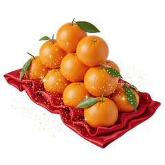 Pile of fresh tangerines on red silk fabric isolated on transparent background