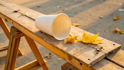 Leaves and a fallen cup on a wooden bench in autumn sunset