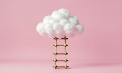 Ladder to Dream Cloud: Conceptual Success Visualization on Pink Background