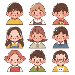 Nine children with various hair styles and clothing are shown smiling happily. They appear friendly and cheerful, each with a unique expression of joy.
