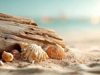 Natural beach scene with weathered driftwood and various seashells resting on soft sand