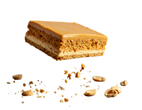  Delicious peanut butter cake slice in mid-air with flying crumbs and nuts PNG