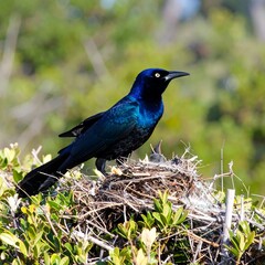 Obraz premium A vibrant blue bird sits atop a nest, surrounded by foliage