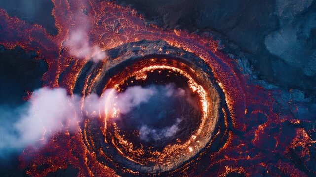 Molten Inferno's Embrace: An aerial panorama reveals the raw, untamed power of nature, as glowing lava swirls within the caldera of a volcano, emitting ethereal plumes of smoke.