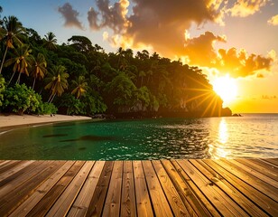 Tropical sunset over a secluded cove, viewed from a wooden dock